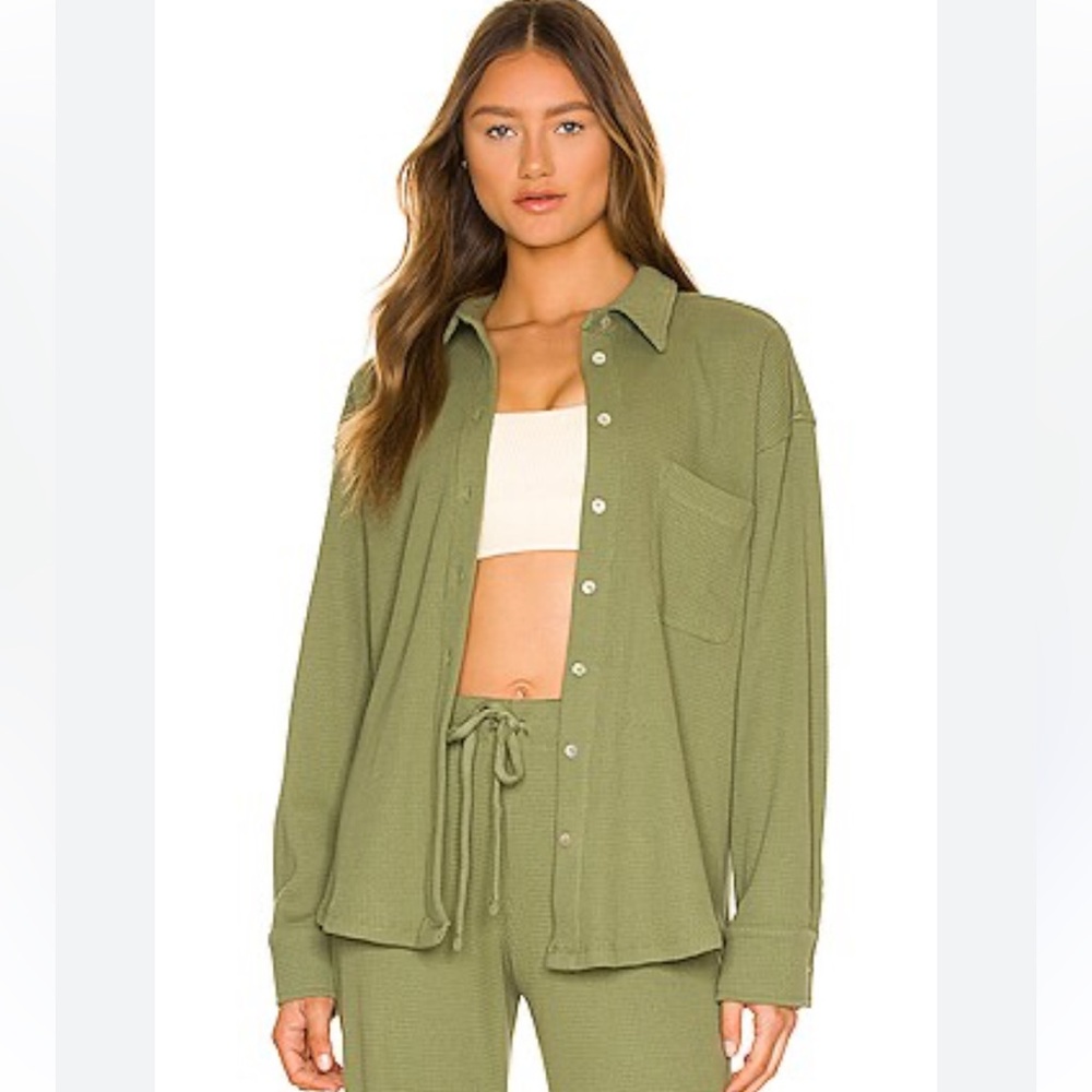 DONNI Thermal button down shirt moss green waffle size small NEW Anthropologie